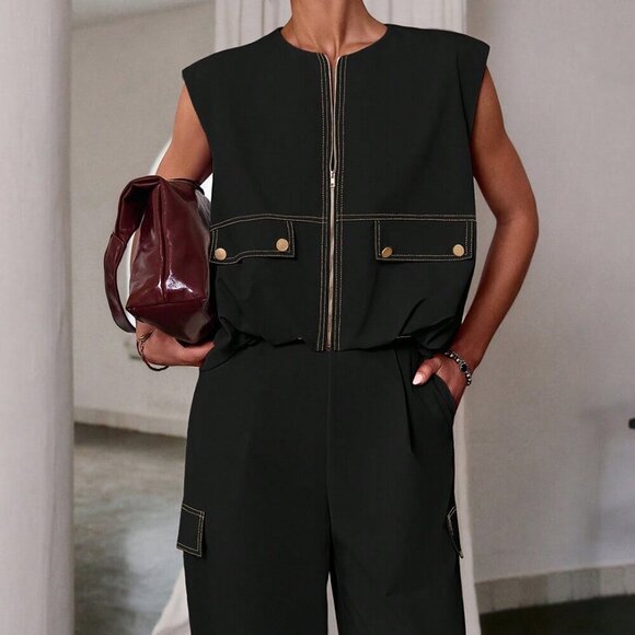 Black Casual Women's Zipper Sleeveless Top &  Long Pants coord set - Picture 2 of 8